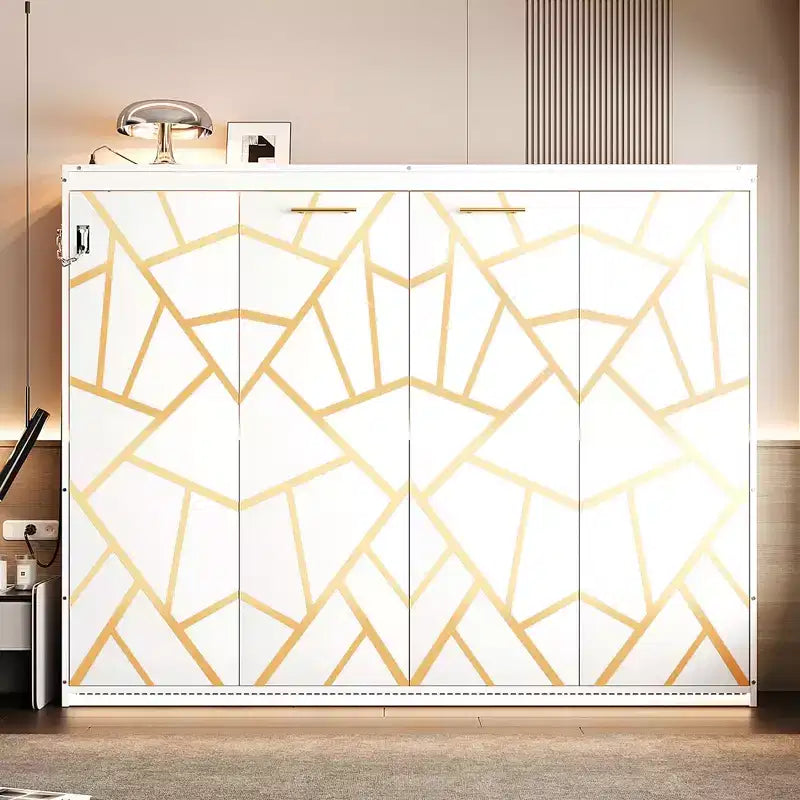 Modern Side-Folding Murphy Bed with Printed Panel, LED Lighting & USB Charging