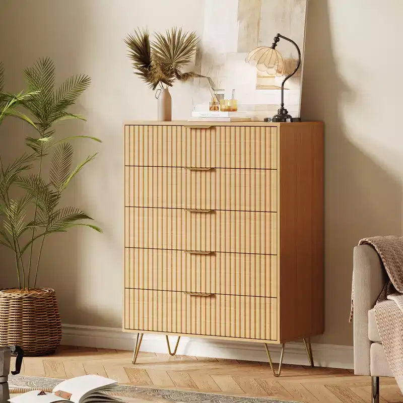 Fluted 5-Drawer Dresser, Wood Storage Chest & TV Stand with Metal Handles