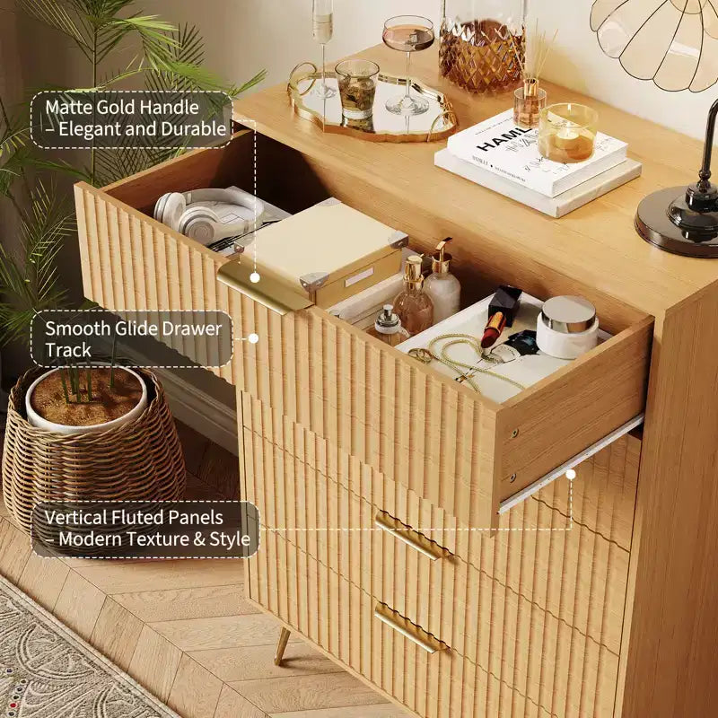 Fluted 5-Drawer Dresser, Wood Storage Chest & TV Stand with Metal Handles