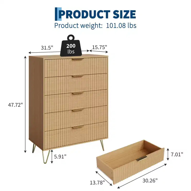 Fluted 5-Drawer Dresser, Wood Storage Chest & TV Stand with Metal Handles