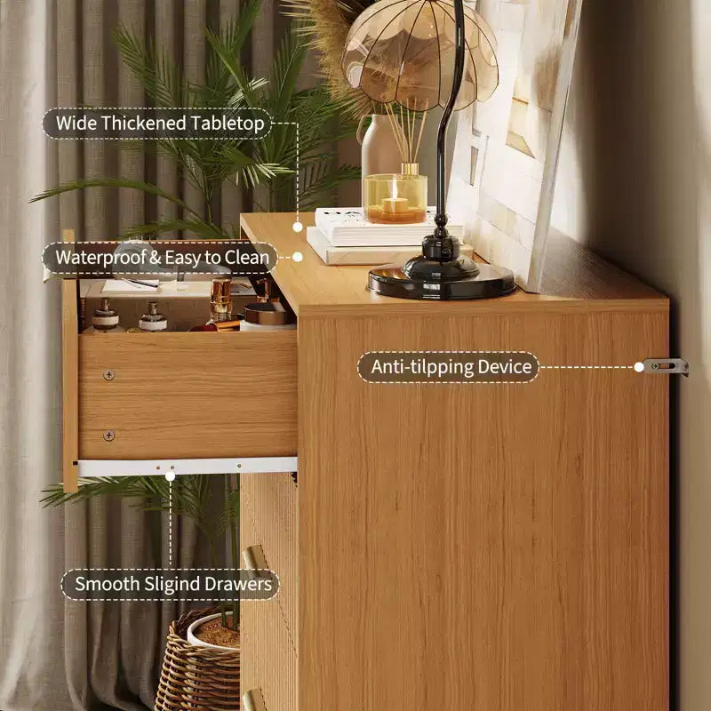 Fluted 5-Drawer Dresser, Wood Storage Chest & TV Stand with Metal Handles