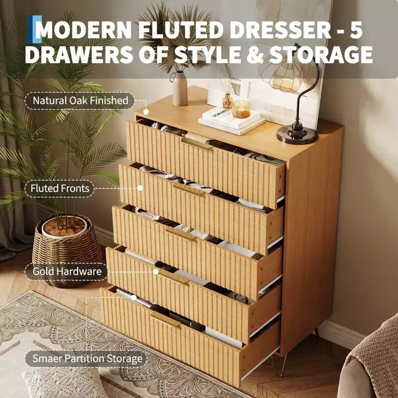 Fluted 5-Drawer Dresser, Wood Storage Chest & TV Stand with Metal Handles