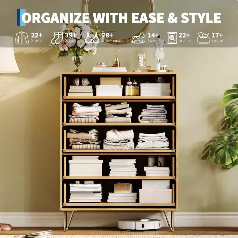 Fluted 5-Drawer Dresser, Wood Storage Chest & TV Stand with Metal Handles