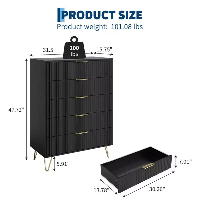 Fluted 5-Drawer Dresser, Wood Storage Chest & TV Stand with Metal Handles