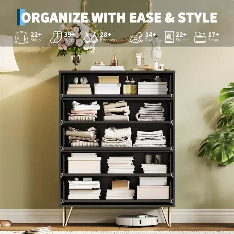 Fluted 5-Drawer Dresser, Wood Storage Chest & TV Stand with Metal Handles