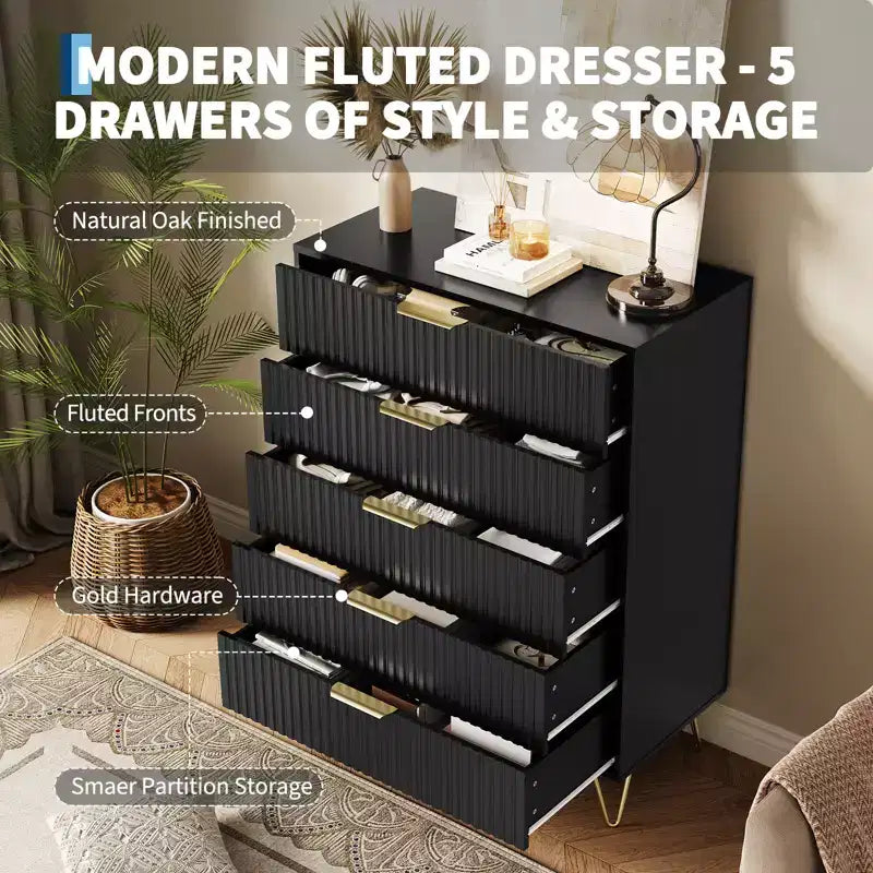 Fluted 5-Drawer Dresser, Wood Storage Chest & TV Stand with Metal Handles