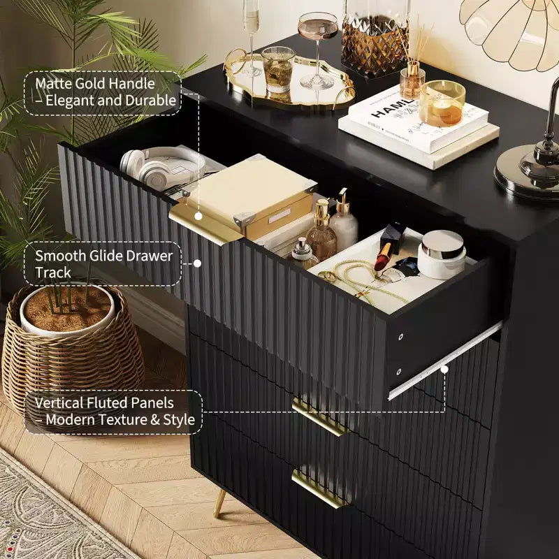 Fluted 5-Drawer Dresser, Wood Storage Chest & TV Stand with Metal Handles