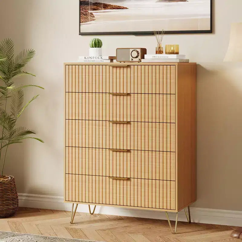 Fluted 5-Drawer Dresser, Wood Storage Chest & TV Stand with Metal Handles