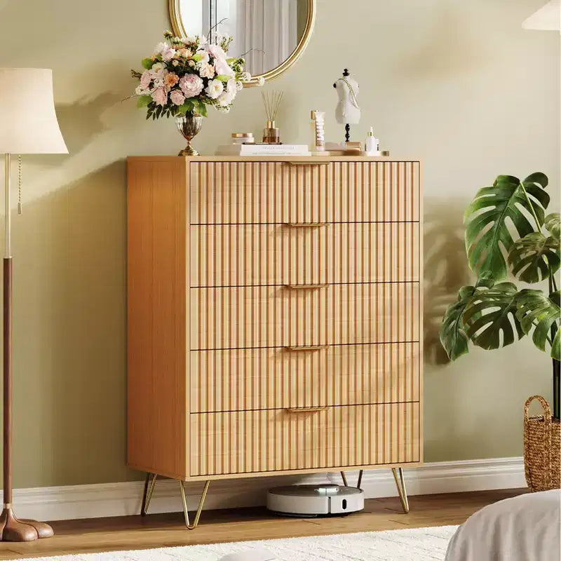 Fluted 5-Drawer Dresser, Wood Storage Chest & TV Stand with Metal Handles