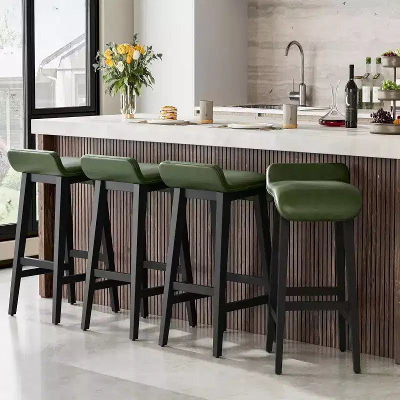 Set of 4 Counter Height Bar Stools with Low Back & Footrest, Wood Frame, Wide PU Leather Seat for Kitchen Islands & Counter Bars, Brown