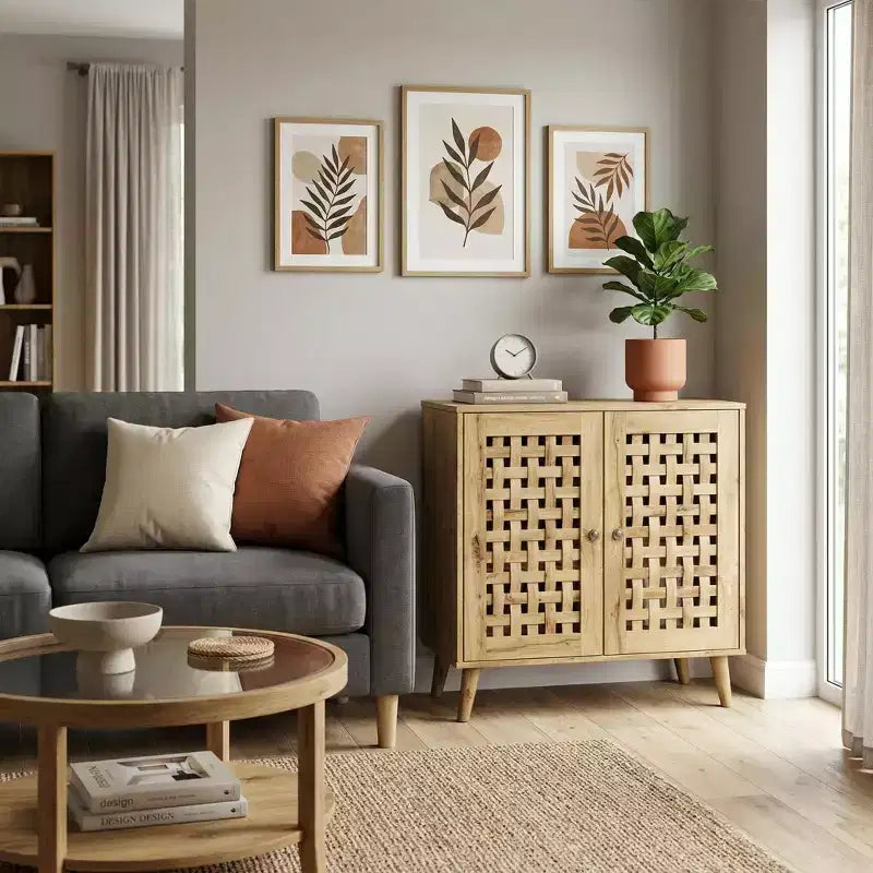 Accent Storage Cabinet with Woven Doors, Sideboard Buffet Cabinet with Shelves