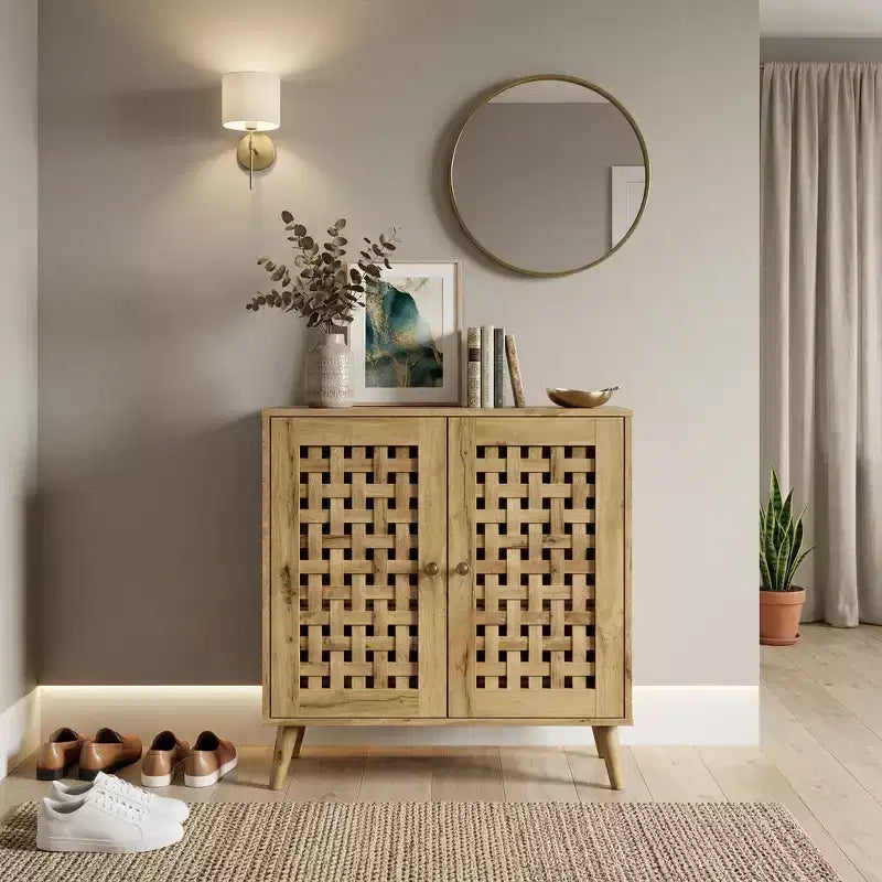 Accent Storage Cabinet with Woven Doors, Sideboard Buffet Cabinet with Shelves