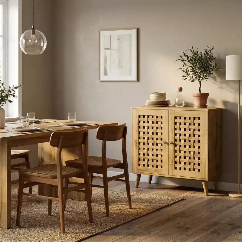 Accent Storage Cabinet with Woven Doors, Sideboard Buffet Cabinet with Shelves