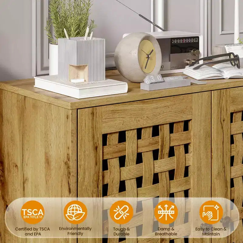 Accent Storage Cabinet with Woven Doors, Sideboard Buffet Cabinet with Shelves