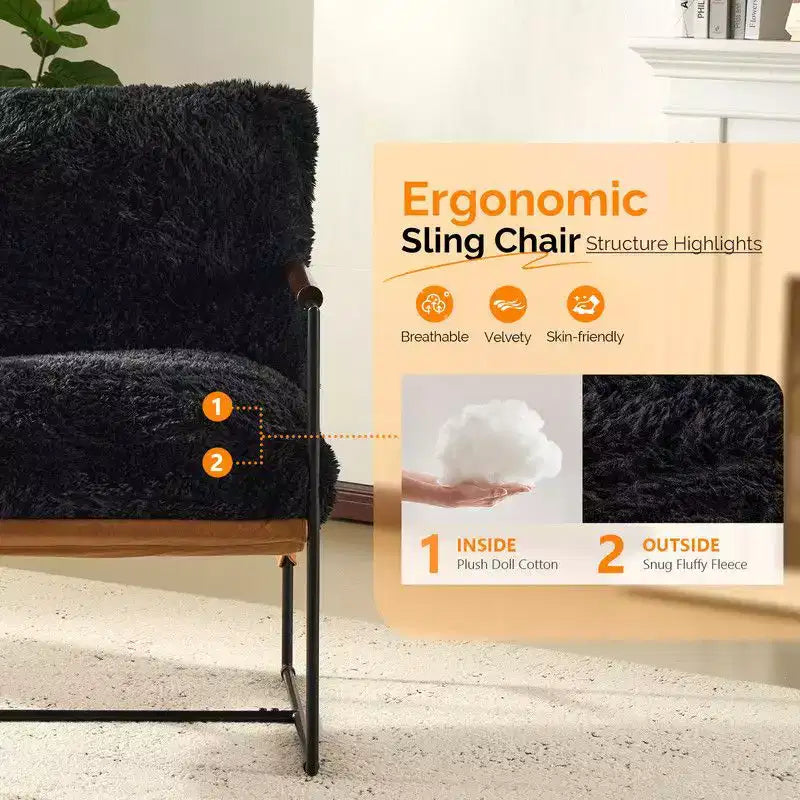 Plush Rabbit Fur Lazy Lounge Chair with Rubber Wood Arms & Iron Frame