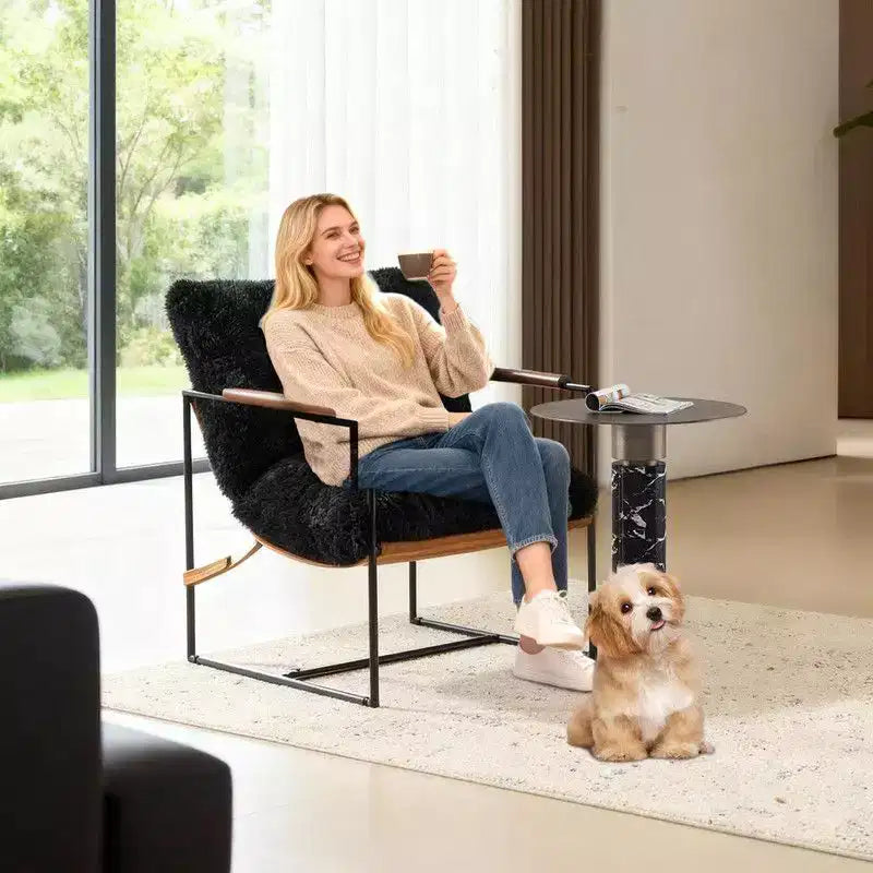 Plush Rabbit Fur Lazy Lounge Chair with Rubber Wood Arms & Iron Frame
