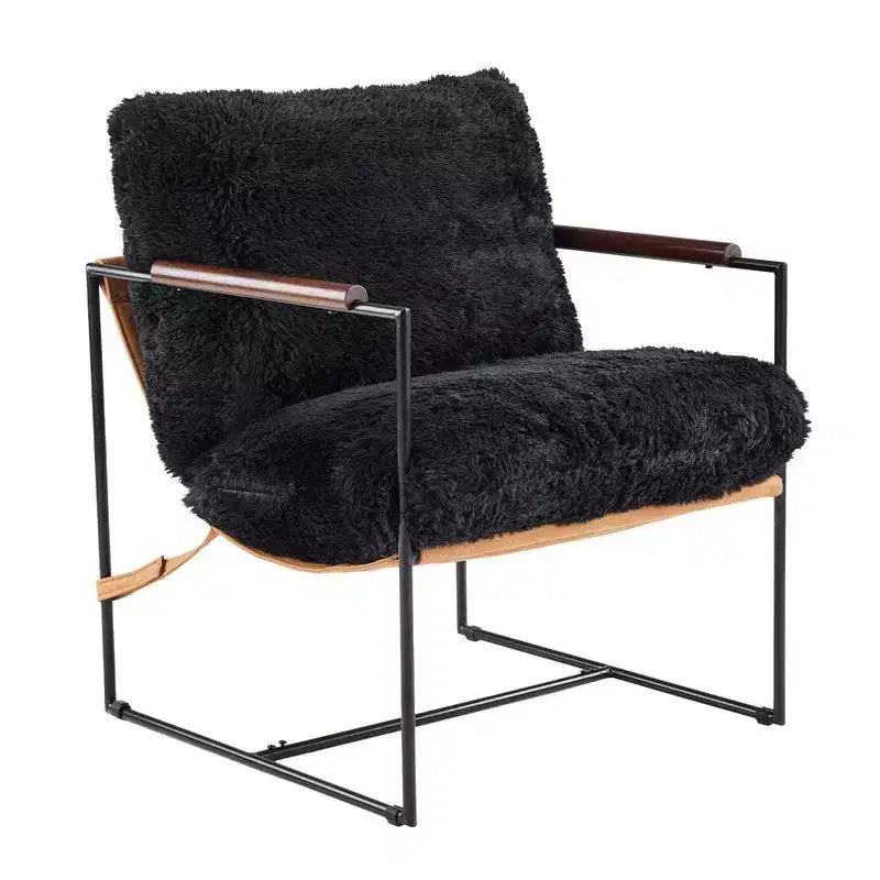 Plush Rabbit Fur Lazy Lounge Chair with Rubber Wood Arms & Iron Frame