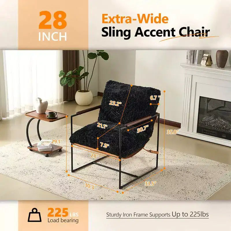 Plush Rabbit Fur Lazy Lounge Chair with Rubber Wood Arms & Iron Frame