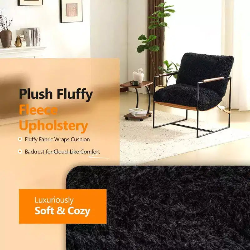 Plush Rabbit Fur Lazy Lounge Chair with Rubber Wood Arms & Iron Frame