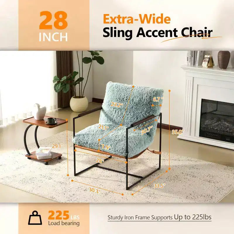 Plush Rabbit Fur Lazy Lounge Chair with Rubber Wood Arms & Iron Frame
