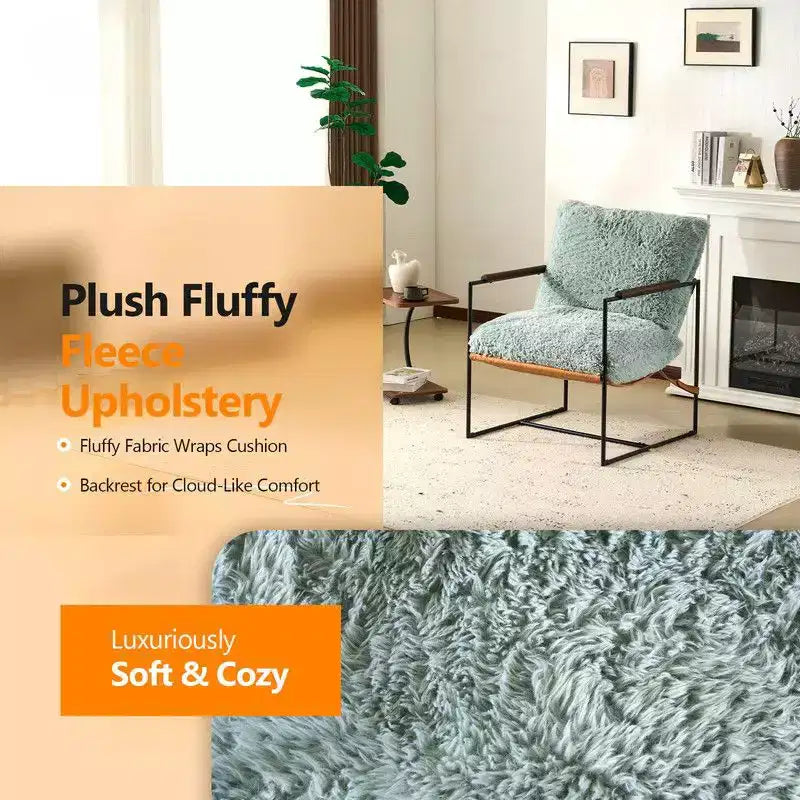 Plush Rabbit Fur Lazy Lounge Chair with Rubber Wood Arms & Iron Frame