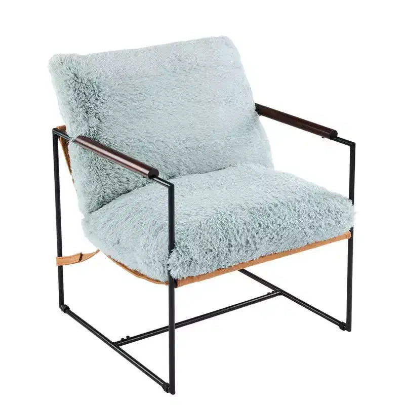 Plush Rabbit Fur Lazy Lounge Chair with Rubber Wood Arms & Iron Frame