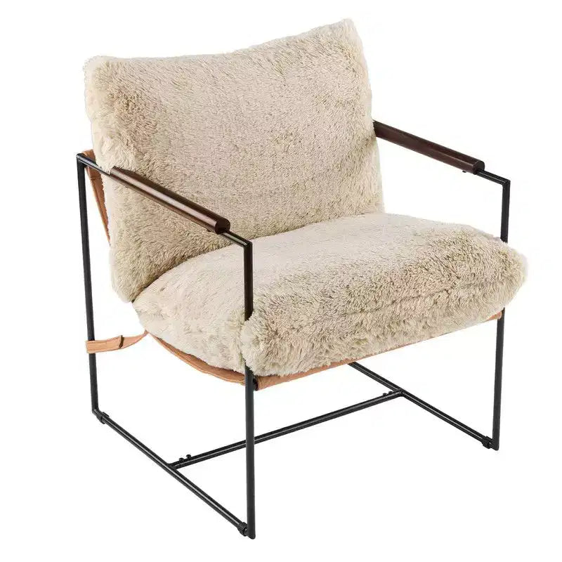 Plush Rabbit Fur Lazy Lounge Chair with Rubber Wood Arms & Iron Frame