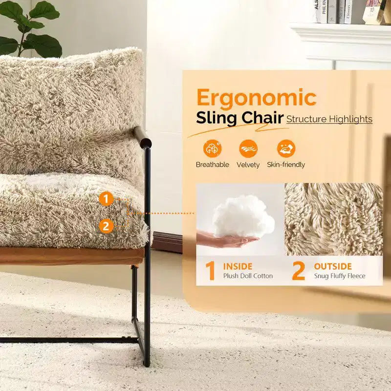 Plush Rabbit Fur Lazy Lounge Chair with Rubber Wood Arms & Iron Frame
