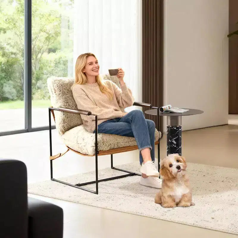 Plush Rabbit Fur Lazy Lounge Chair with Rubber Wood Arms & Iron Frame