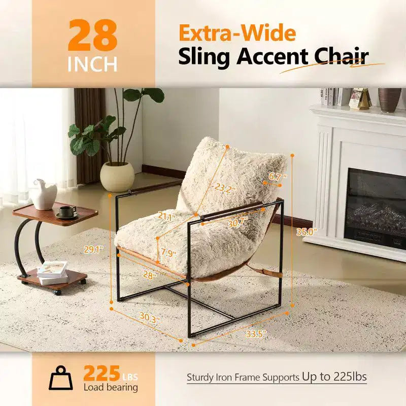 Plush Rabbit Fur Lazy Lounge Chair with Rubber Wood Arms & Iron Frame