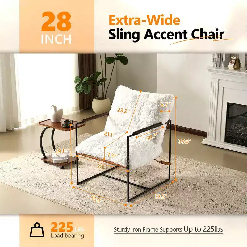 Plush Rabbit Fur Lazy Lounge Chair with Rubber Wood Arms & Iron Frame