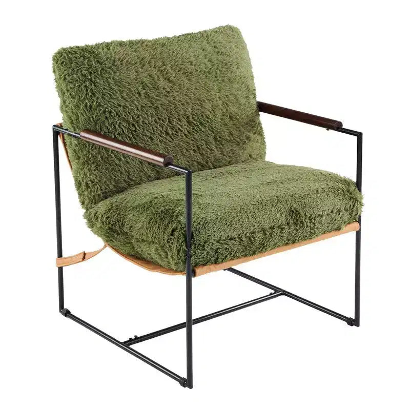 Plush Rabbit Fur Lazy Lounge Chair with Rubber Wood Arms & Iron Frame