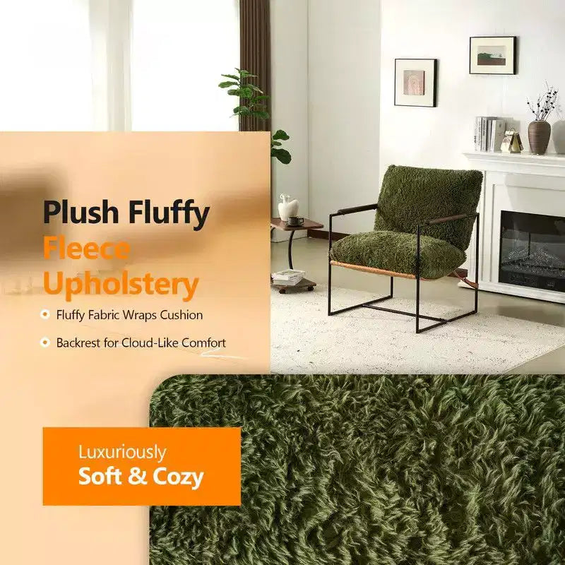 Plush Rabbit Fur Lazy Lounge Chair with Rubber Wood Arms & Iron Frame