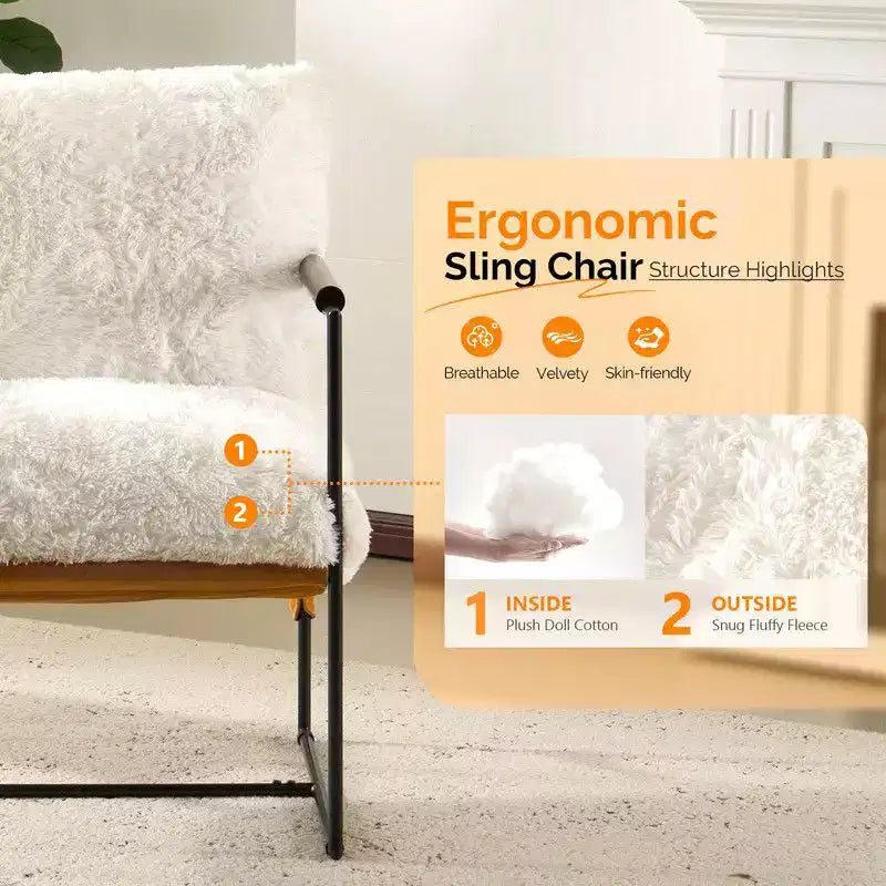 Plush Rabbit Fur Lazy Lounge Chair with Rubber Wood Arms & Iron Frame