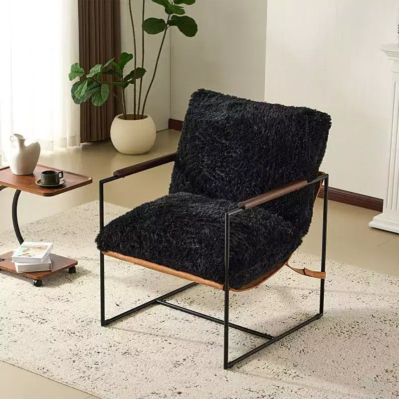 Plush Rabbit Fur Lazy Lounge Chair with Rubber Wood Arms & Iron Frame
