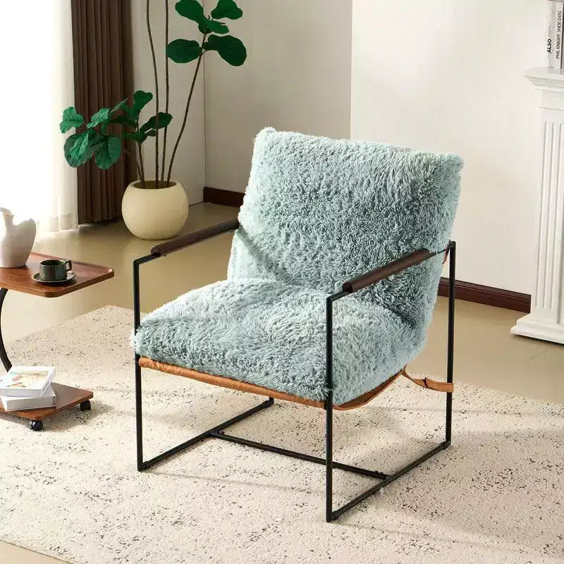 Plush Rabbit Fur Lazy Lounge Chair with Rubber Wood Arms & Iron Frame