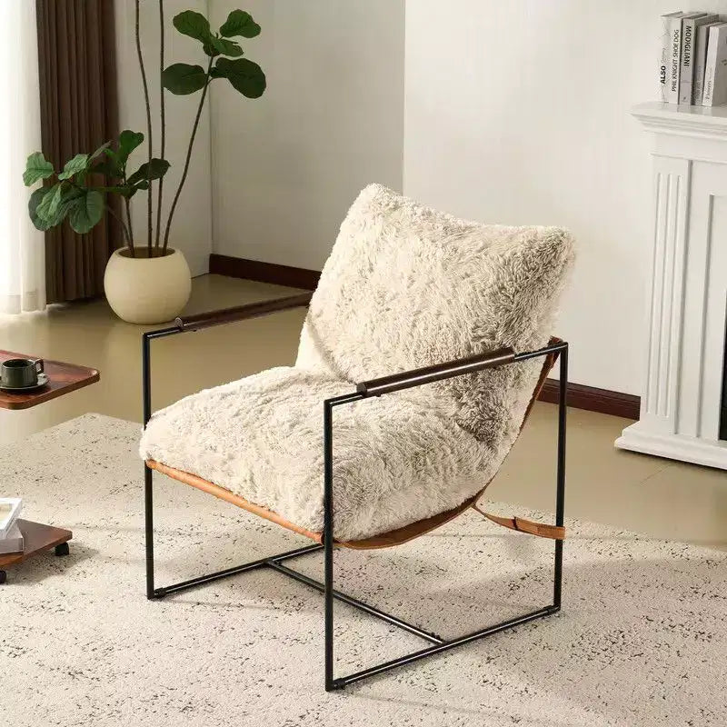 Plush Rabbit Fur Lazy Lounge Chair with Rubber Wood Arms & Iron Frame