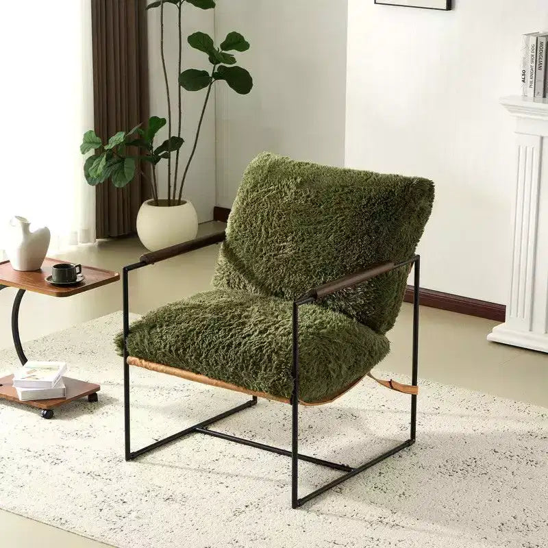 Plush Rabbit Fur Lazy Lounge Chair with Rubber Wood Arms & Iron Frame