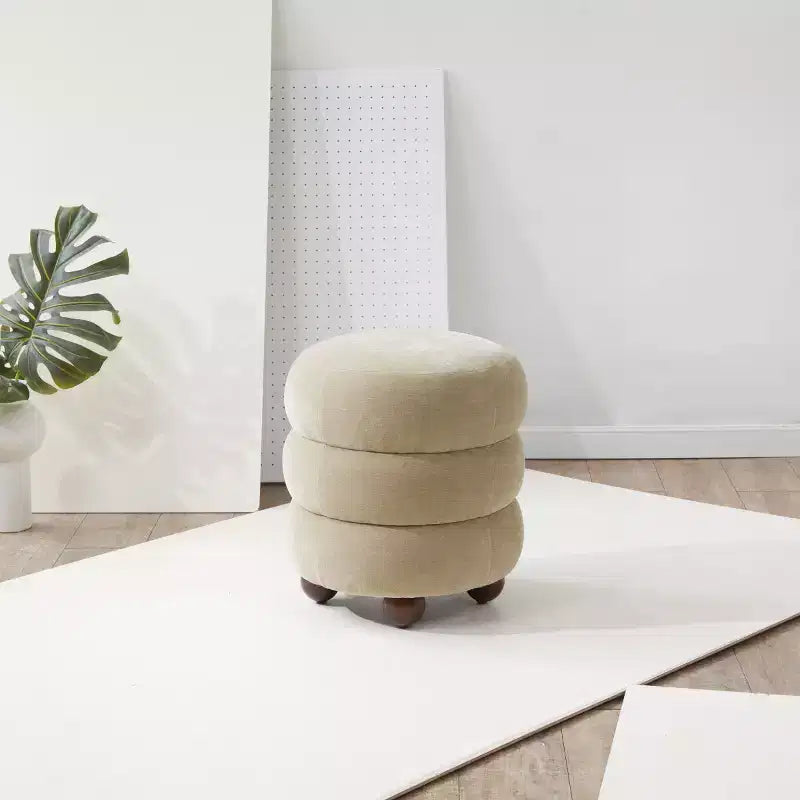Round Channel-Tufted Velvet Ottoman, Light Brown & Walnut