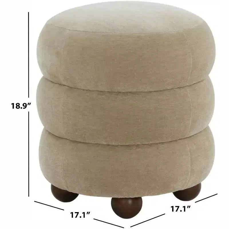 Round Channel-Tufted Velvet Ottoman, Light Brown & Walnut