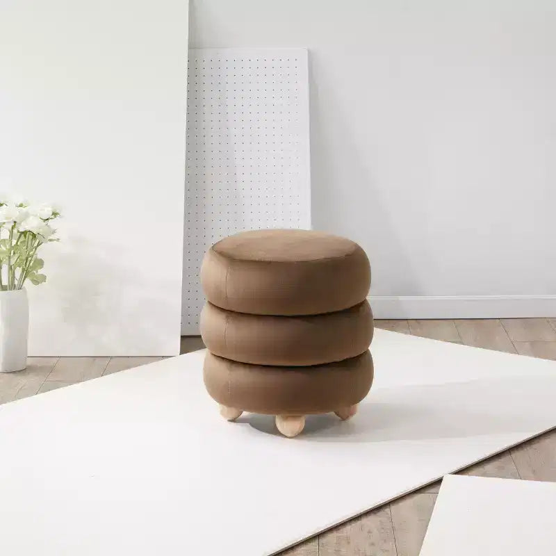 Round Channel-Tufted Velvet Ottoman, Light Brown & Walnut