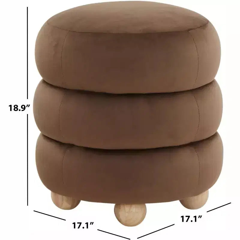 Round Channel-Tufted Velvet Ottoman, Light Brown & Walnut
