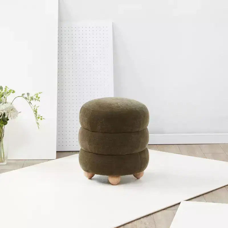 Round Channel-Tufted Velvet Ottoman, Light Brown & Walnut