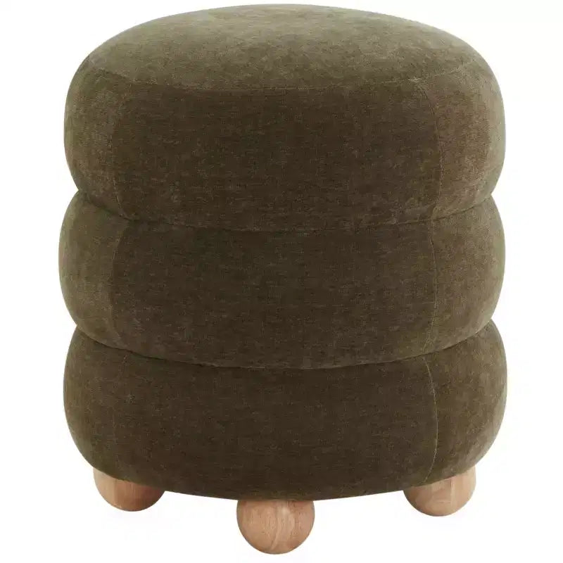 Round Channel-Tufted Velvet Ottoman, Light Brown & Walnut