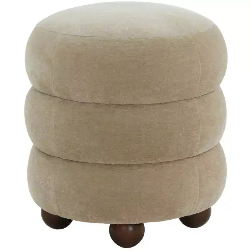 Round Channel-Tufted Velvet Ottoman, Light Brown & Walnut