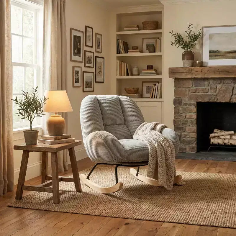 Corduroy Upholstered Rocking Accent Chair, Grey
