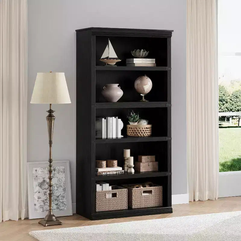 5-Tier Farmhouse Bookcase, Tall Wooden Open Shelf for Living Room & Home Office