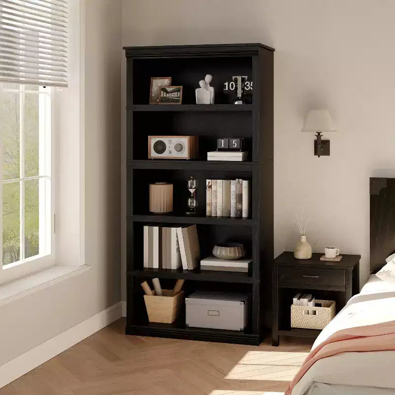 5-Tier Farmhouse Bookcase, Tall Wooden Open Shelf for Living Room & Home Office