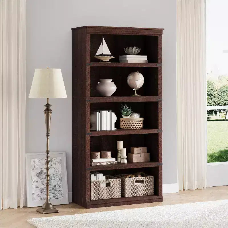 5-Tier Farmhouse Bookcase, Tall Wooden Open Shelf for Living Room & Home Office