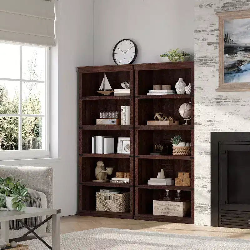 5-Tier Farmhouse Bookcase, Tall Wooden Open Shelf for Living Room & Home Office